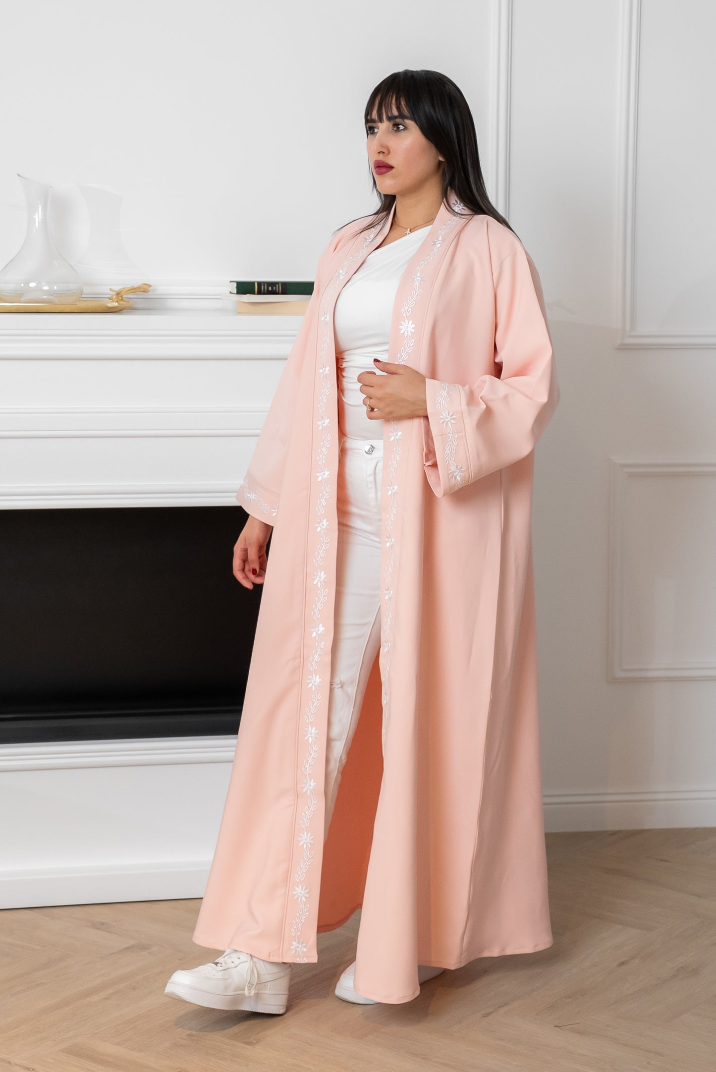 C002 — Pink Cardigan Embroidered Abaya