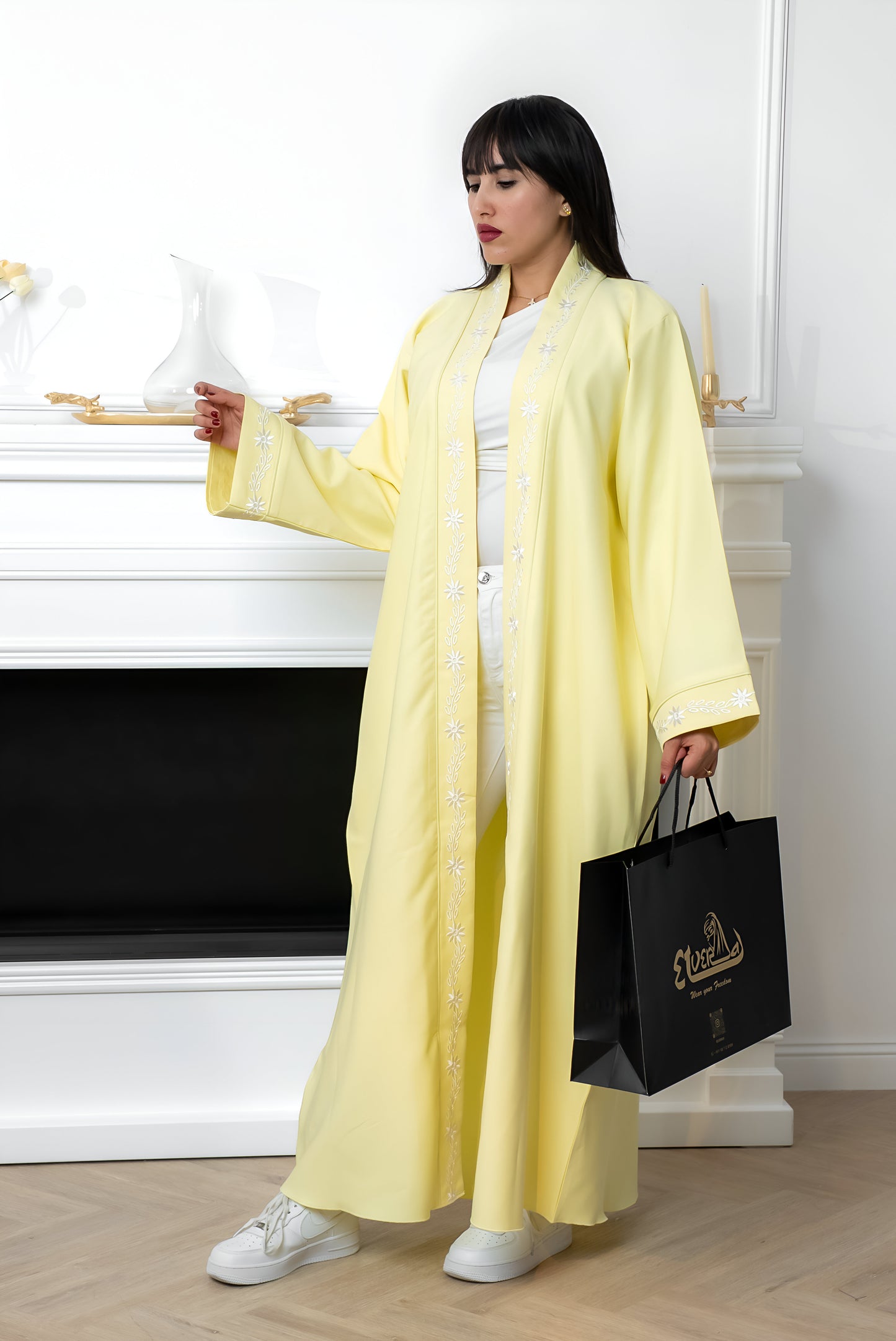 C003 — Lemon Yellow Cardigan Embroidered Abaya