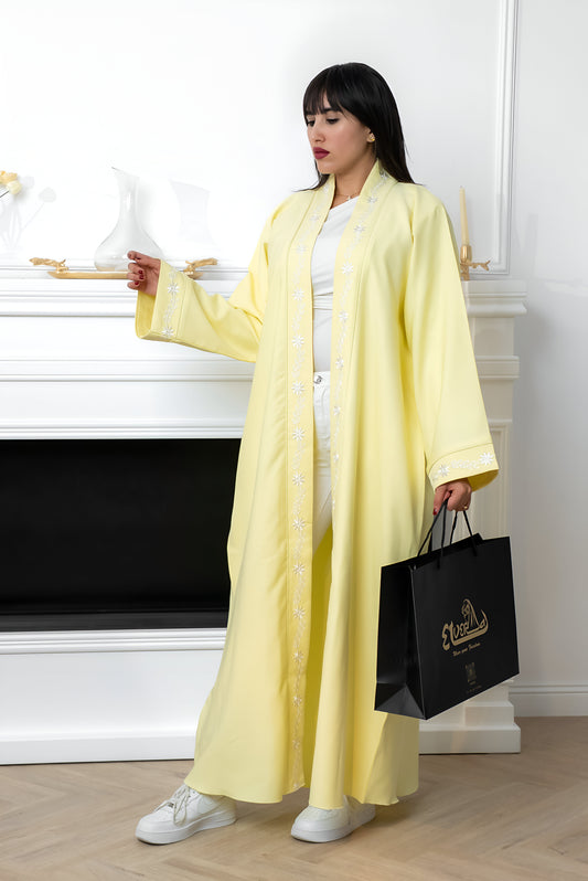 C003 — Lemon Yellow Cardigan Embroidered Abaya