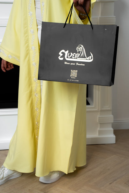 C003 — Lemon Yellow Cardigan Embroidered Abaya