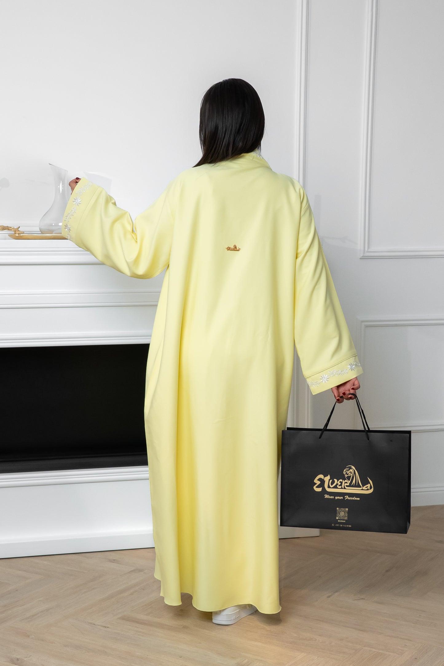 C003 — Lemon Yellow Cardigan Embroidered Abaya