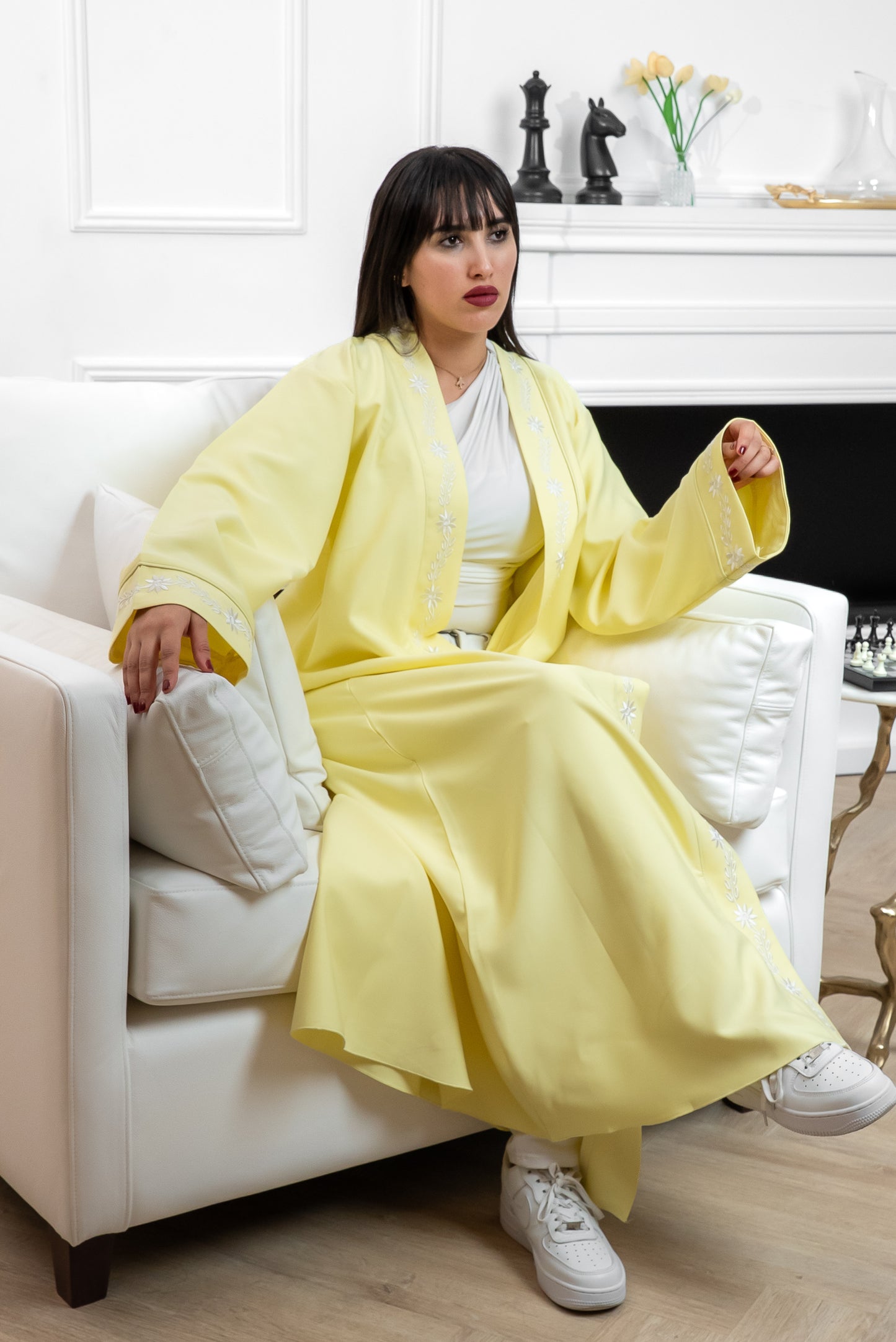 C003 — Lemon Yellow Cardigan Embroidered Abaya