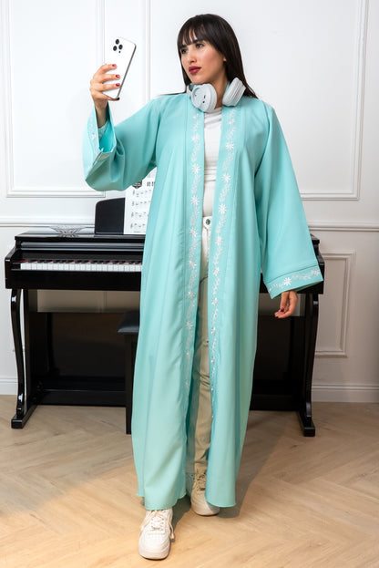 C004 — Mint Blue Cardigan Embroidered Abaya