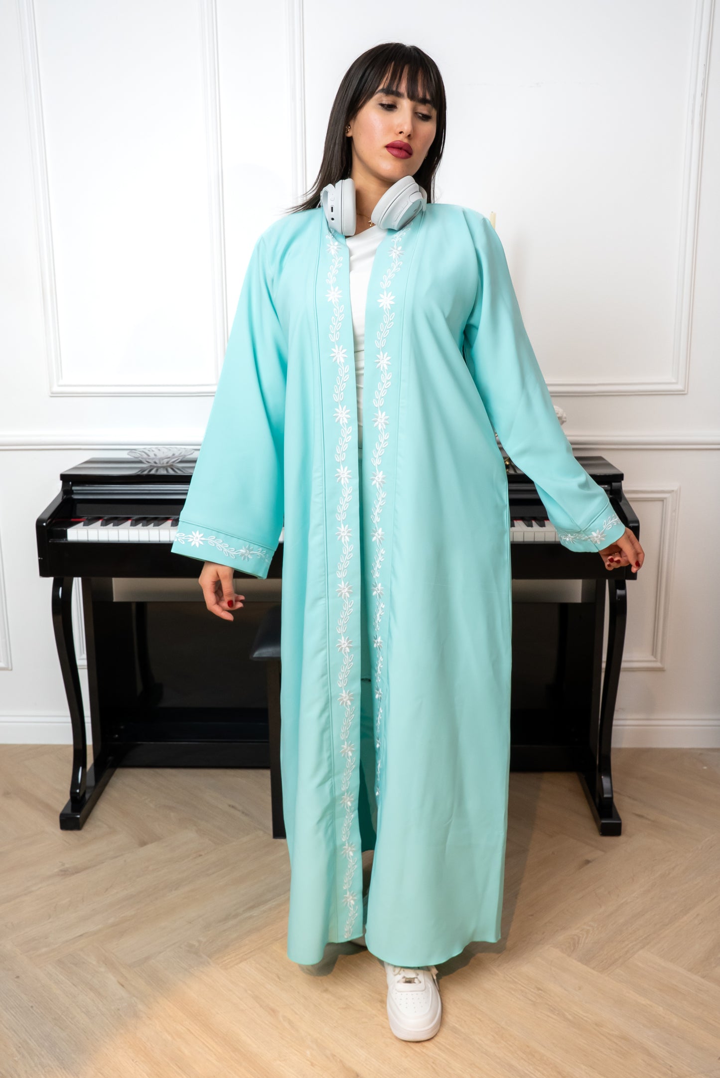 C004 — Mint Blue Cardigan Embroidered Abaya
