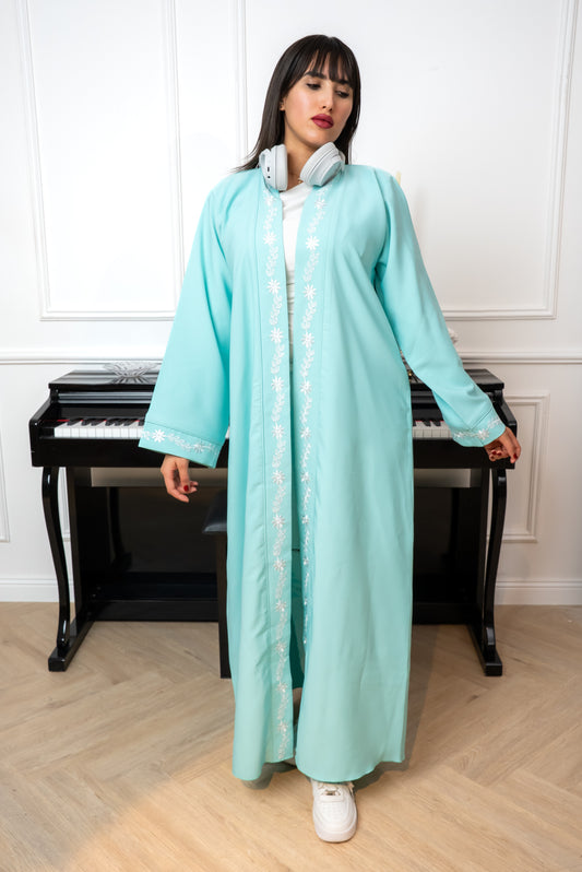 C004 — Mint Blue Cardigan Embroidered Abaya