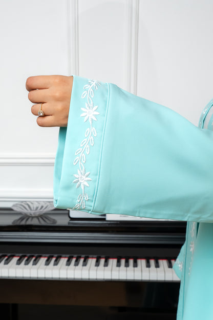 C004 — Mint Blue Cardigan Embroidered Abaya