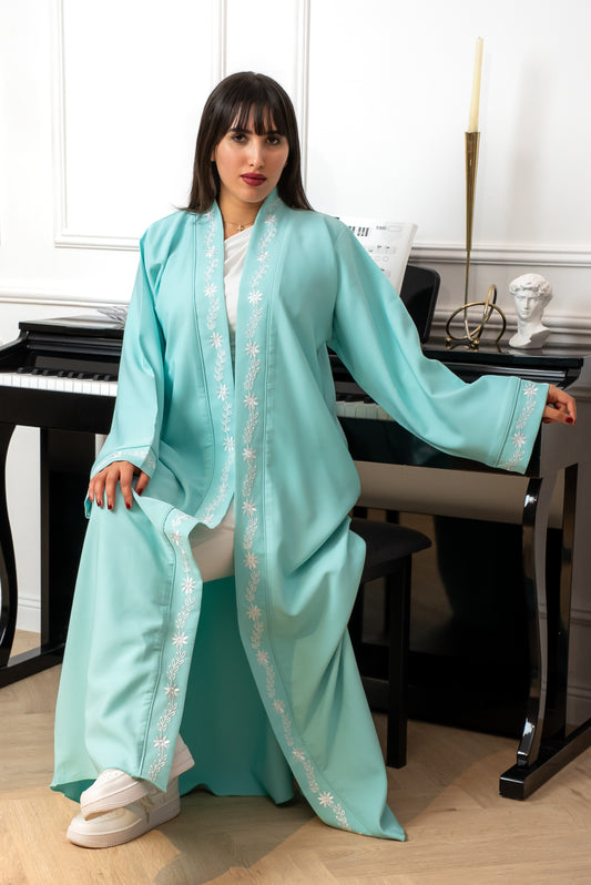 C004 — Mint Blue Cardigan Embroidered Abaya