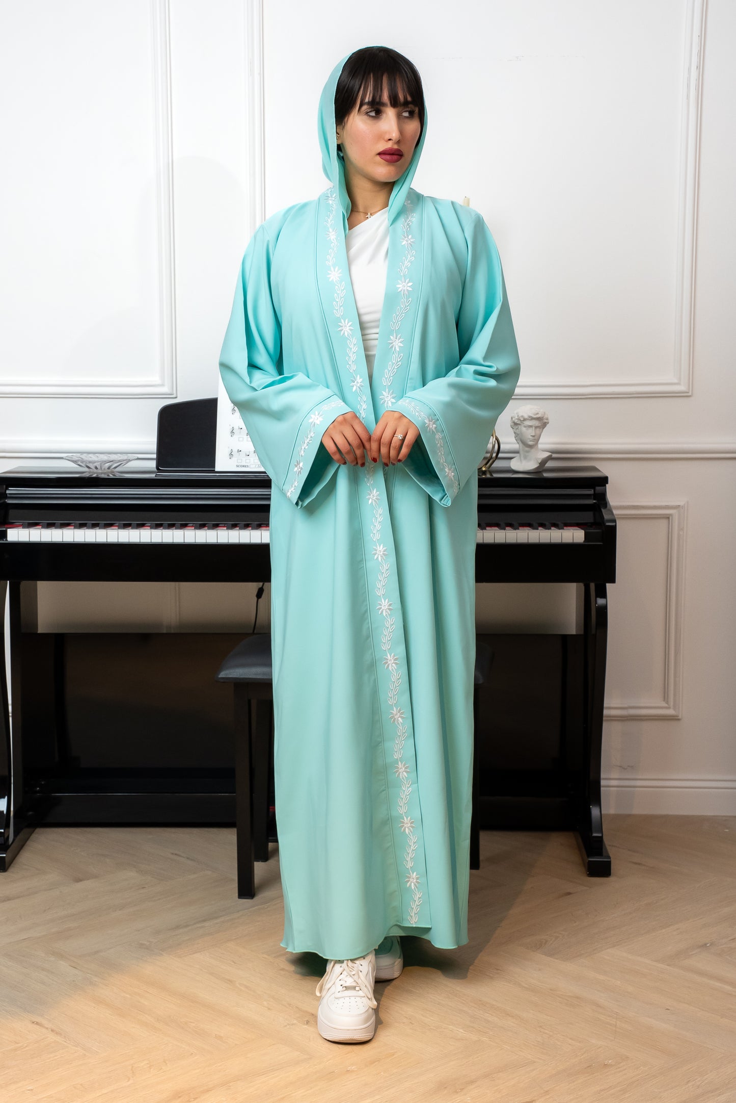 C004 — Mint Blue Cardigan Embroidered Abaya