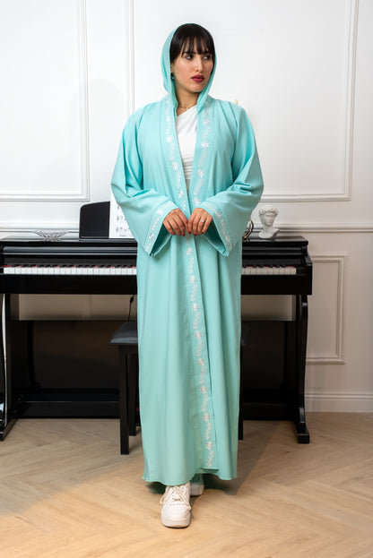 C004 — Mint Blue Cardigan Embroidered Abaya